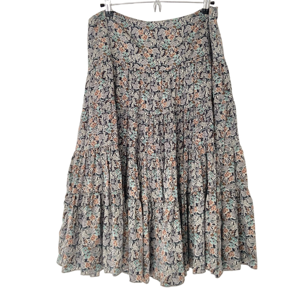 TEENFLO MULTI COLOUR FLORAL 100% SILK TIERED MIDI SKIRT, MADE IN CANADA, SIZE 12